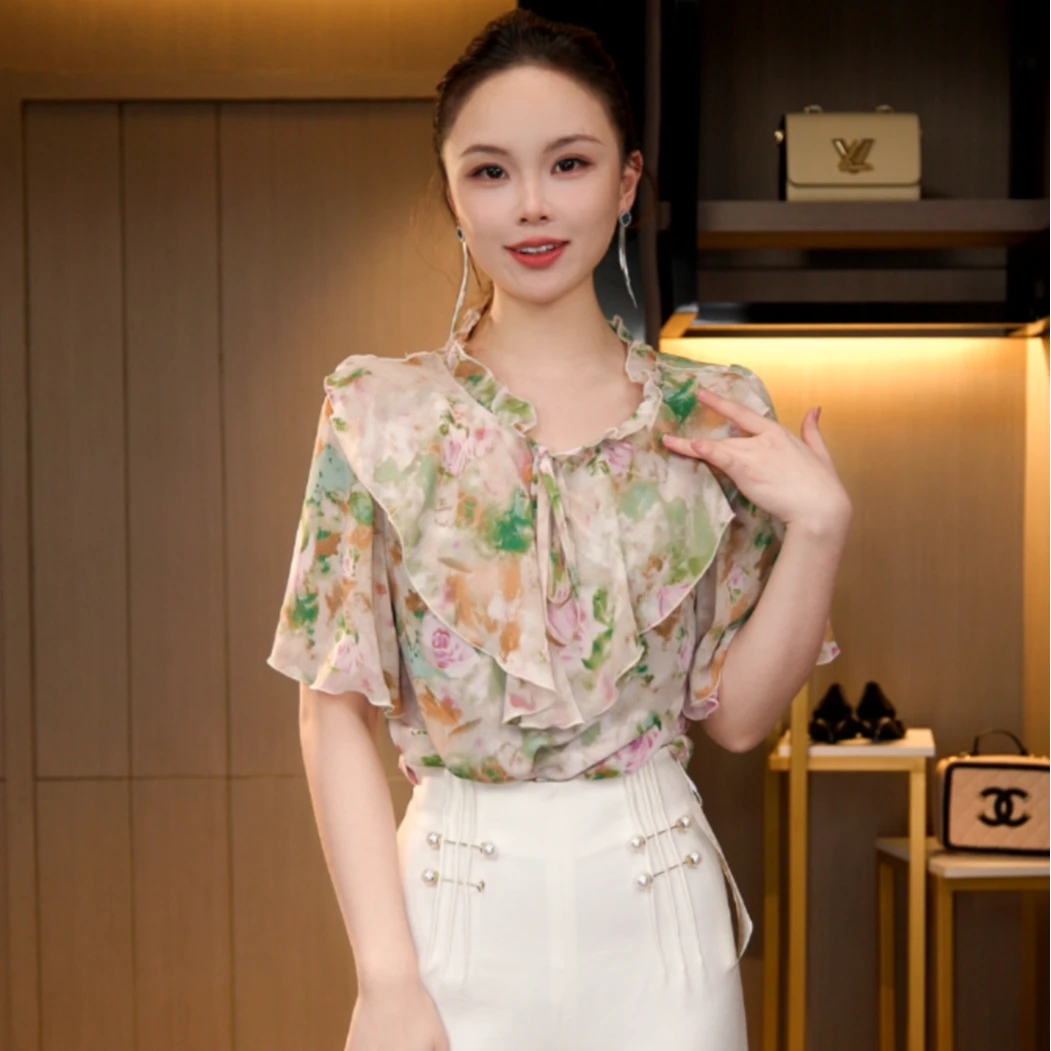 L4X1631 法式复古短袖显瘦气质琉璃双绉丝T恤上衣