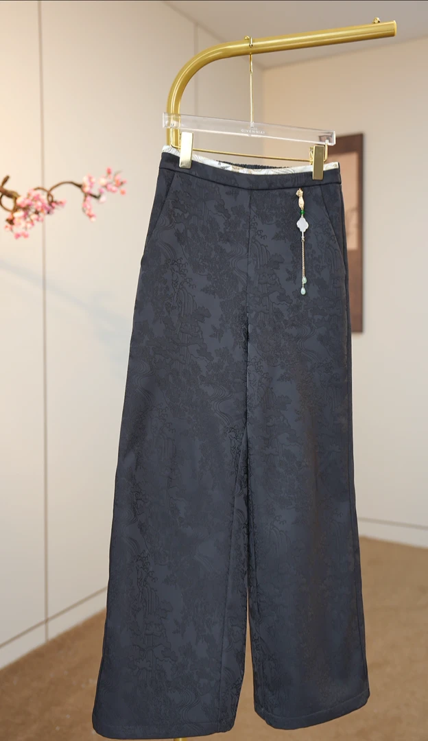 【叶子】阔腿裤保暖秋季提花厚款休闲裤中国风新中式设计师