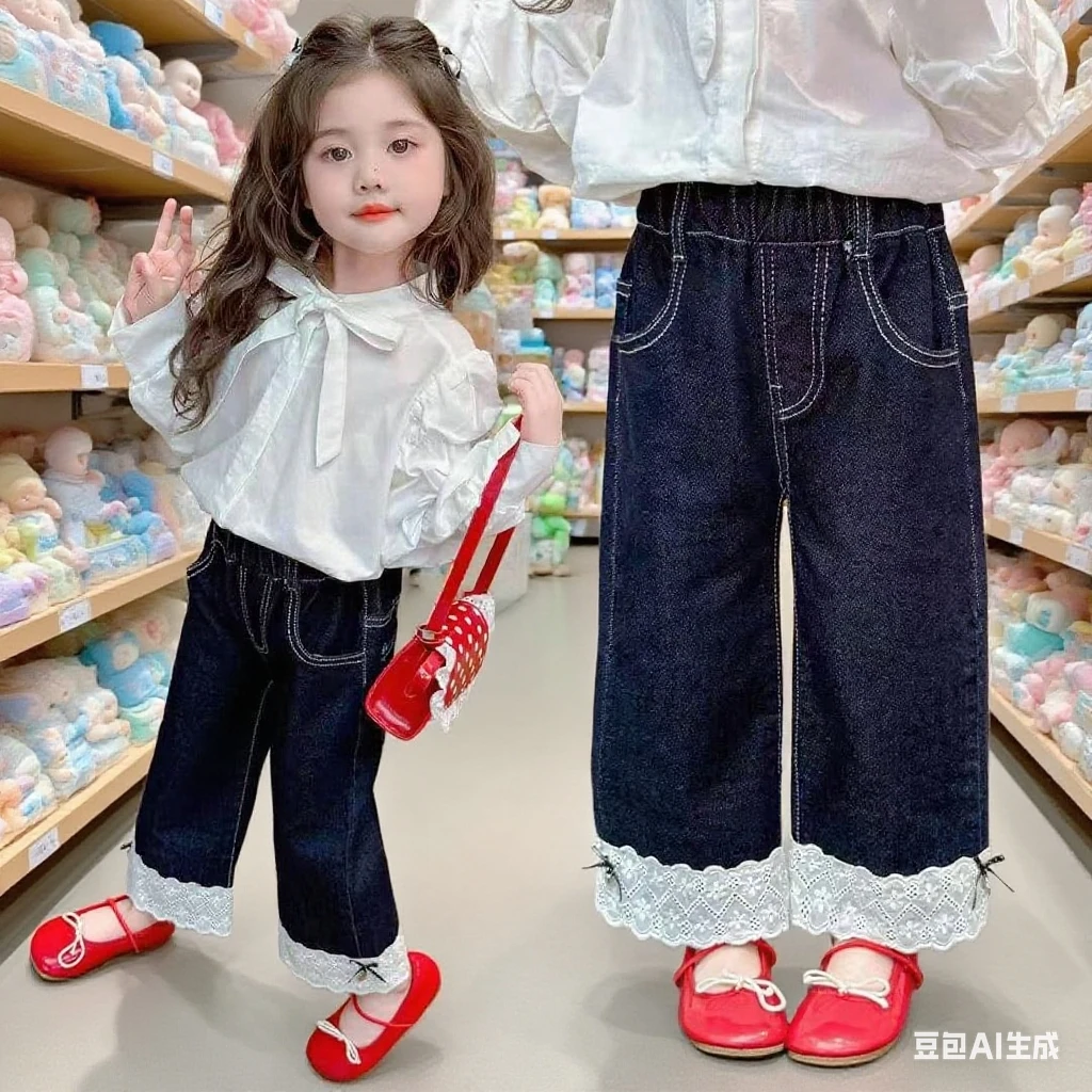 女小童蕾丝阔腿裤春秋季2025新款洋气女孩宝宝秋装裤子儿童牛仔裤