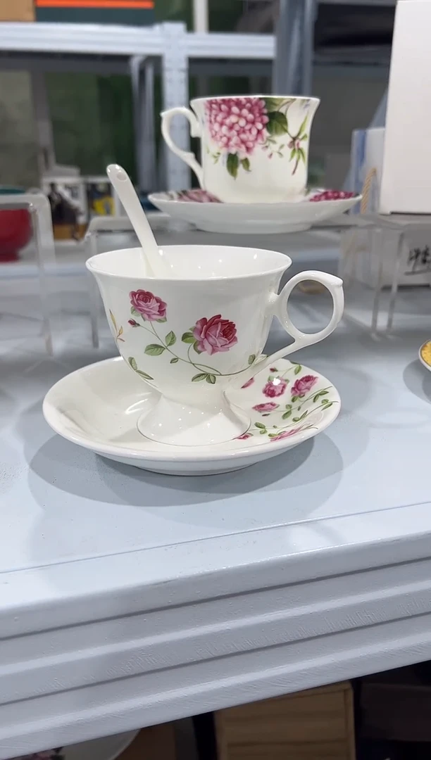 杯子骨瓷（简装）高脚玫瑰咖啡杯碟一套+小勺