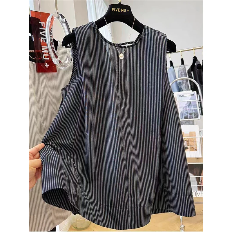 韩系慵懒300斤加肥大码无袖坎肩背心夏季男女薄款竖条纹洋气衬衣