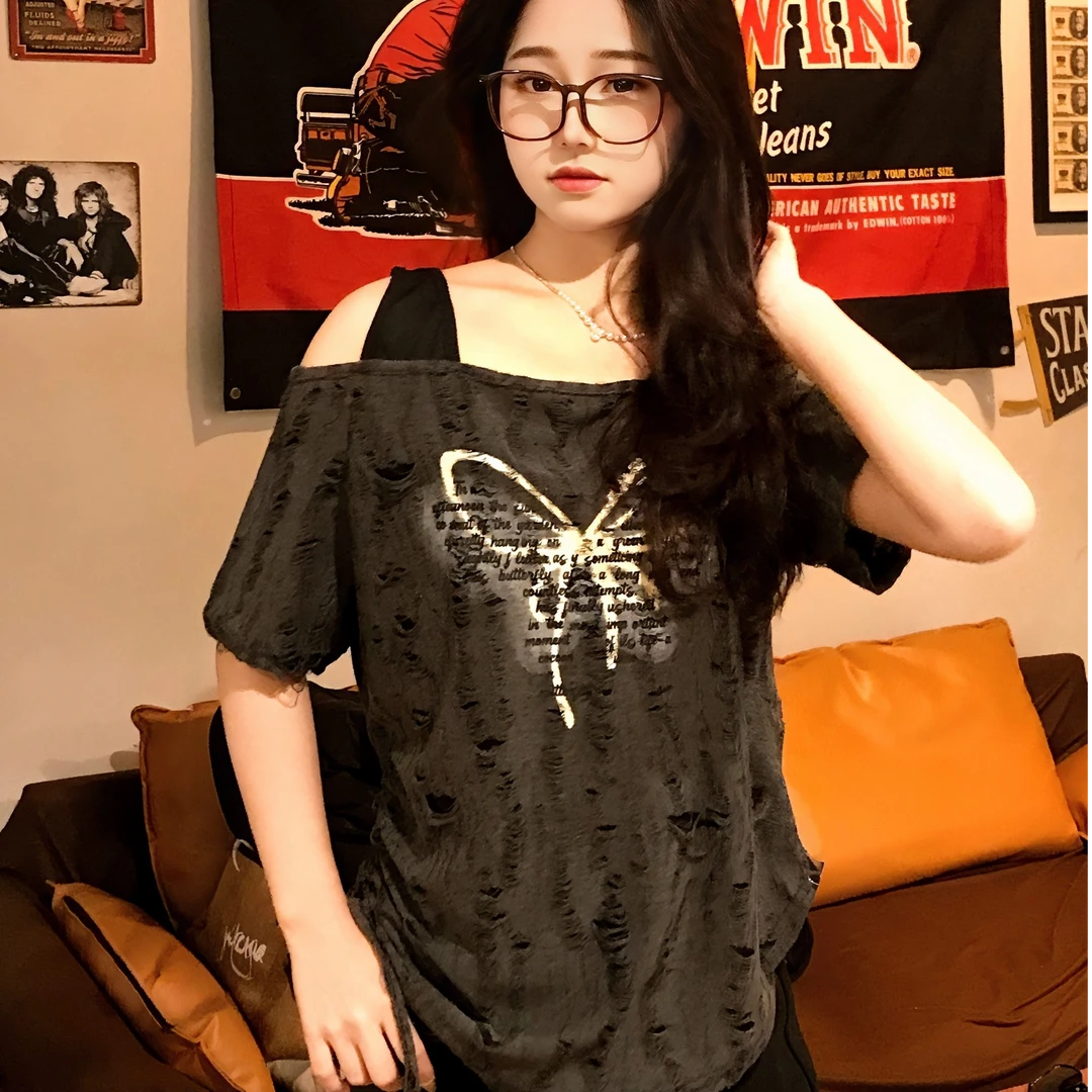 SUSU【114】破洞短袖绑带字母印花T恤复古夏装法式显瘦ins黑色时尚