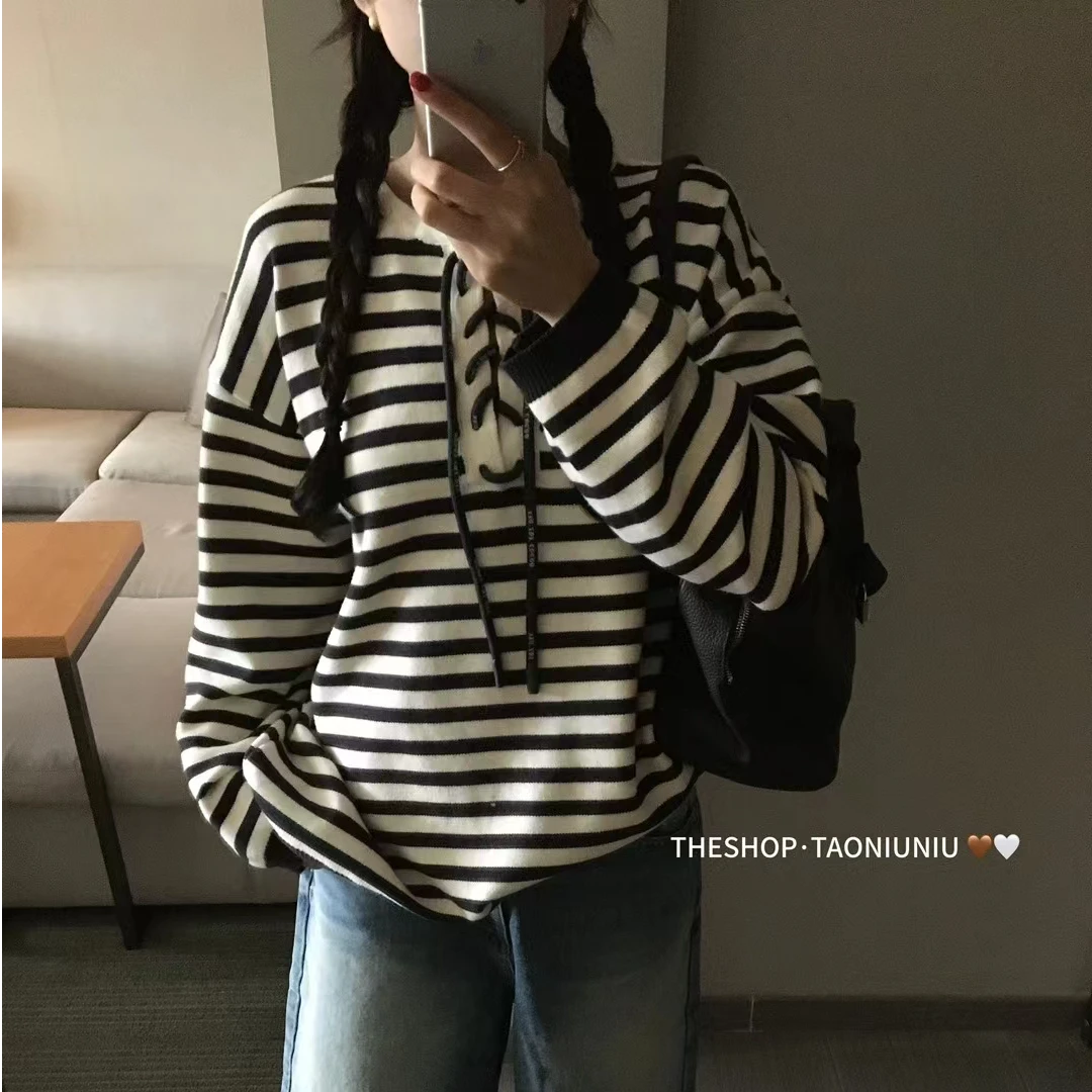 大码女装微胖毛衣针织衫套头宽松显瘦慵懒百搭新品设计感绑带条纹