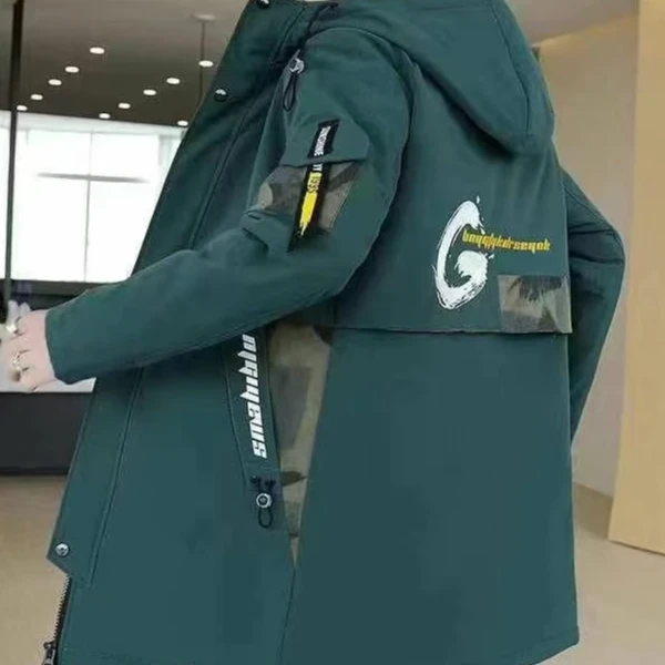 加绒加厚男中长款冬季新款连帽风衣外套#8819