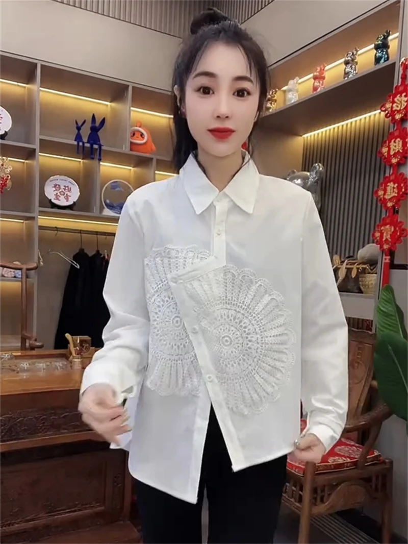 欧货不规则镂空蕾丝拼接衬衫女2025春季新款时尚洋气百搭显瘦上衣