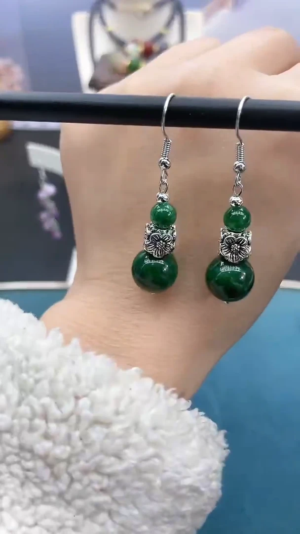 【闪购商品】翡翠耳饰银S925镶嵌干青四面花耳钩