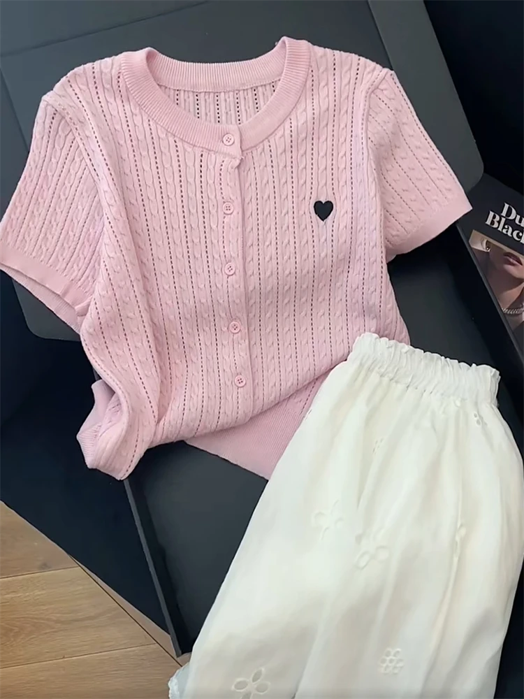 韩系潮流粉色麻花爱心针织衫女2025夏季新款休时尚闲简约别致上衣