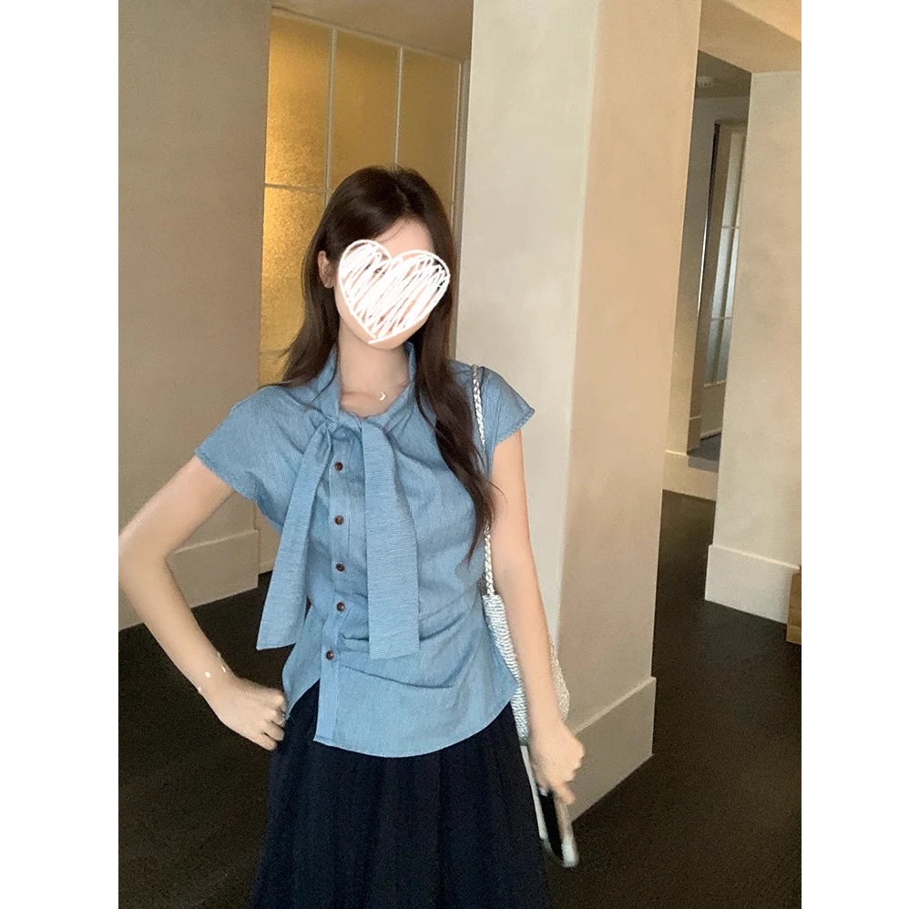 高级感小飞袖飘带斜门襟衬衫女不规则休闲显瘦百搭上衣夏