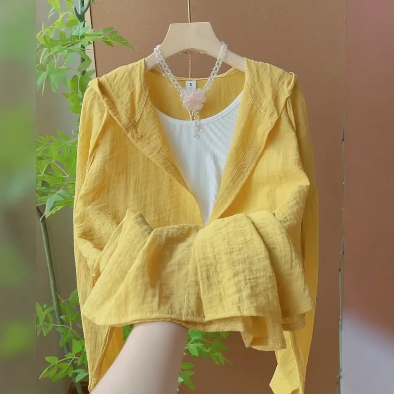 轻薄透气黄色系带连帽长袖防晒衫女夏宽松慵懒风薄款防晒衣空调衫