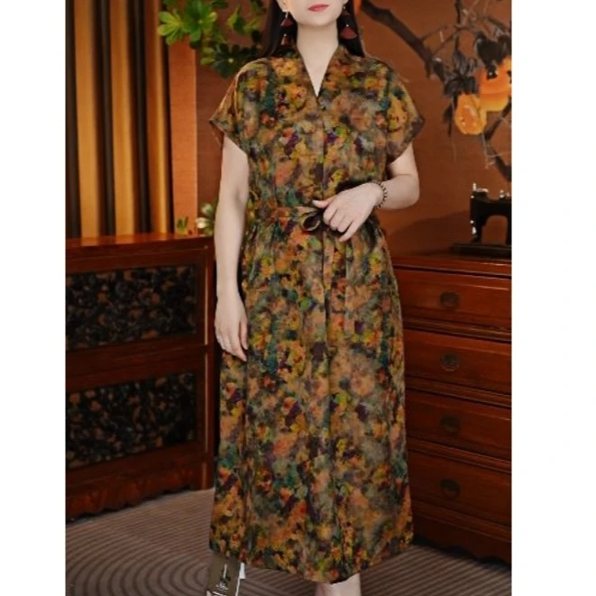 栖栖沐染100桑蚕丝红云纱花萝双面穿新中式复古中长款连衣裙50217