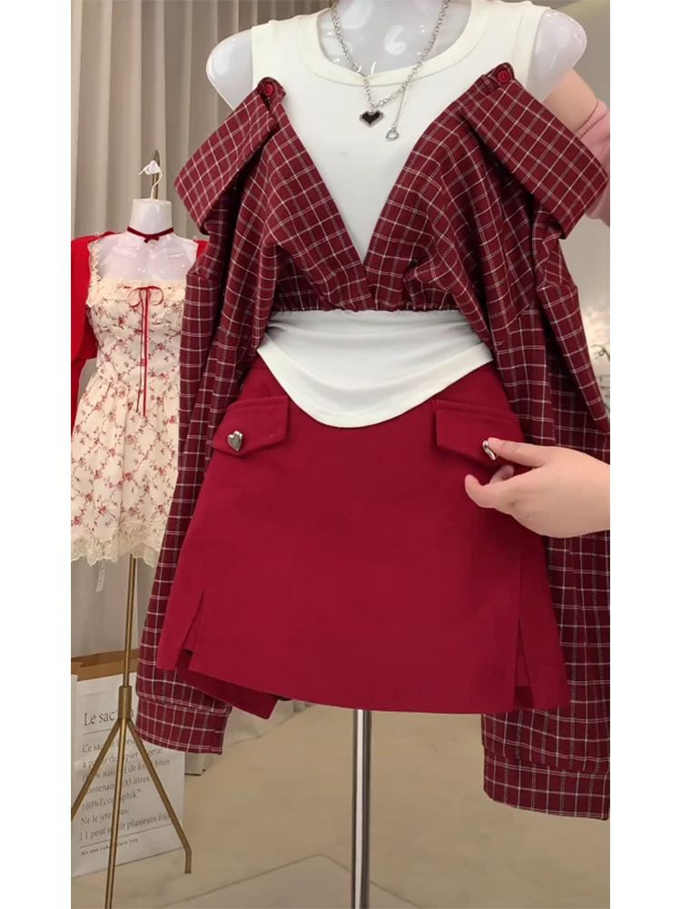 2025春季套装一整套女复古撞色格纹拼接假两件衬衫半身短裙两件套