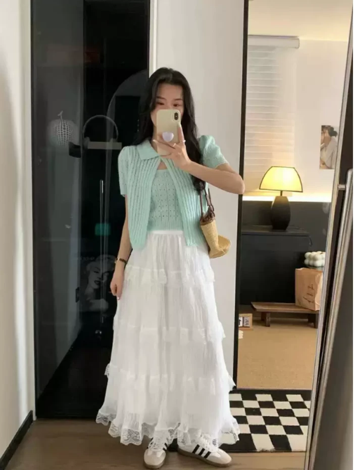 少女风镂空短袖两件套