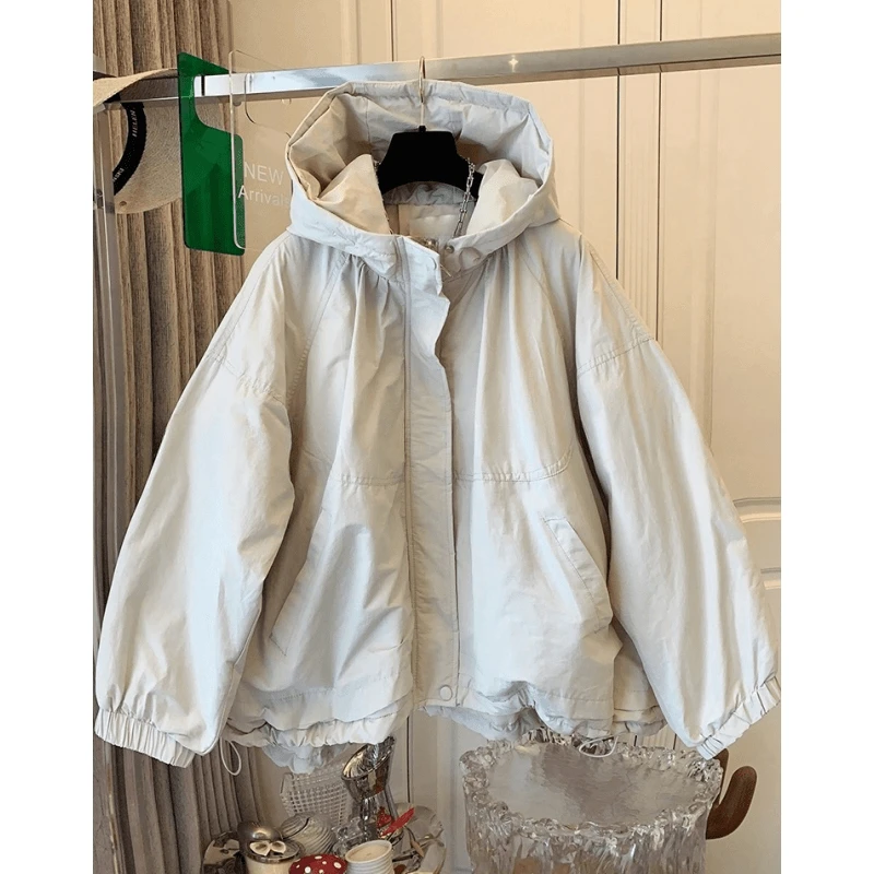 P644秋冬新款厚款连帽棉服女简约时尚冲锋衣高级感夹棉气质棉外套