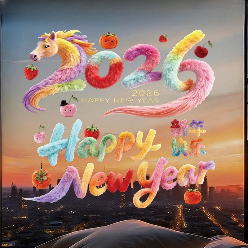 【到手2张】马年仿毛绒印花窗花贴春节玻璃装饰静电贴乔迁氛围窗贴
