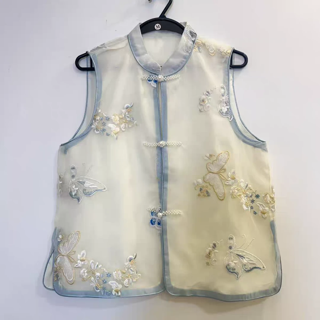 新中式复古国风重工刺绣夏季新款薄款网纱无袖珍珠盘扣立领马夹女