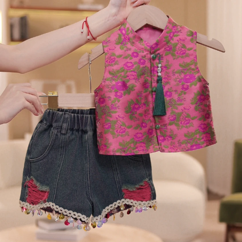 女童韩系套装夏季新款新中式背心上衣亮片短裤两件套设计感SL0163