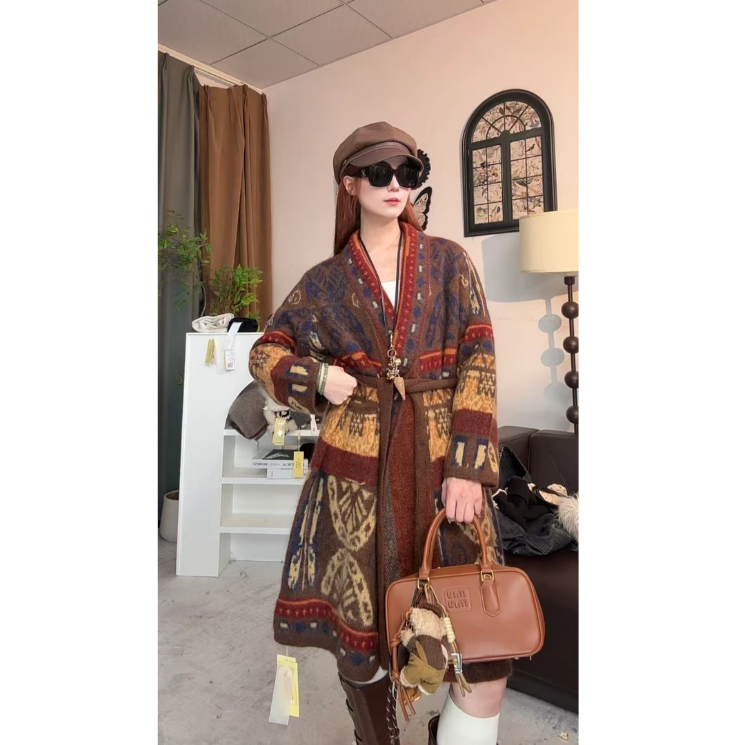 【摩洛哥】255339-100%山羊绒慵懒风时尚拼色费尔岛提花针织大衣