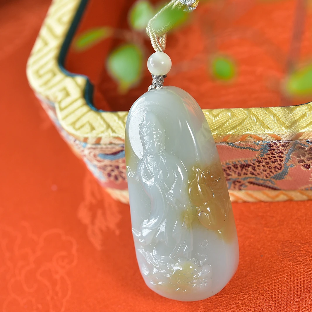 和田玉且末蓝观音菩萨吊坠男士玉观音项链挂件