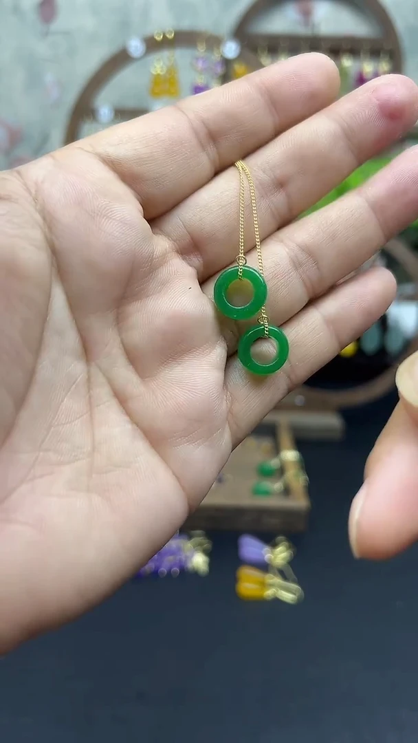 银S925镶嵌石英质玉（非洲翠）耳饰049