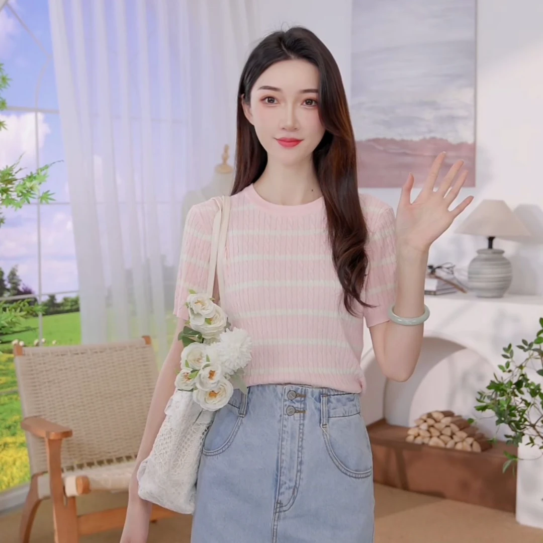 【欧若风新品】茵曼25新款夏季百搭显瘦时尚休闲舒适圆领女毛针织衫