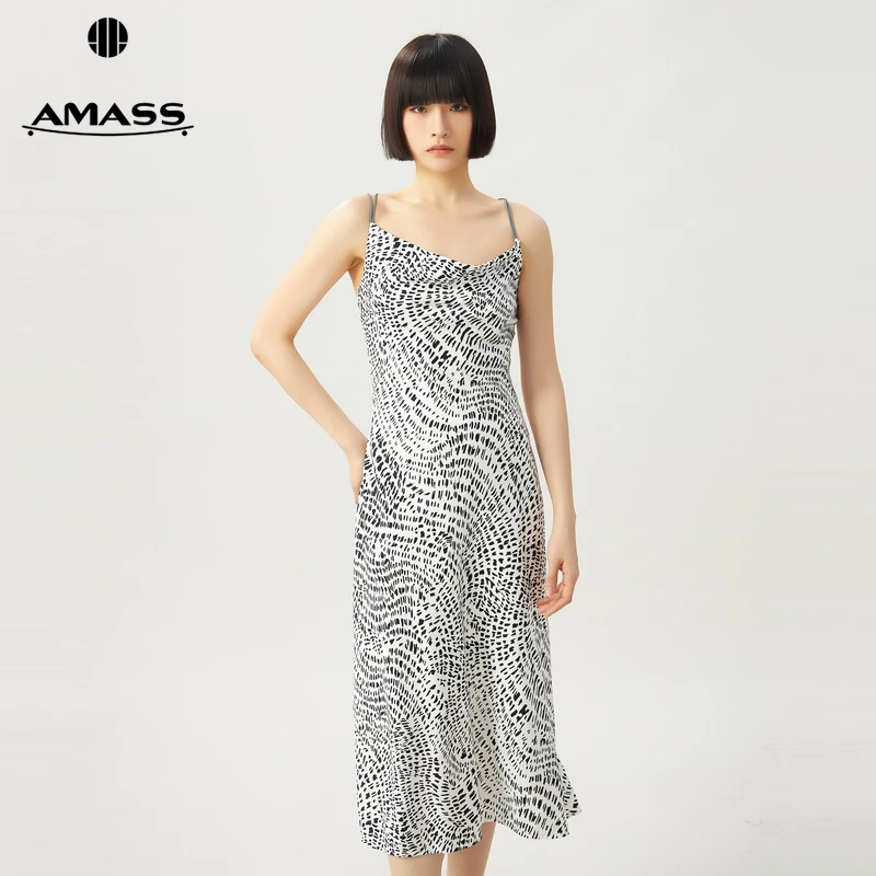 阿玛施AMASS新款女装性质感感豹纹吊带修身长款鱼尾连衣裙5500456
