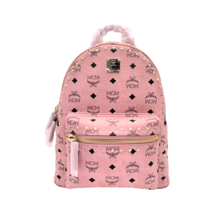 99新 MCM 尖铆钉双肩包小号樱花粉/LX00265