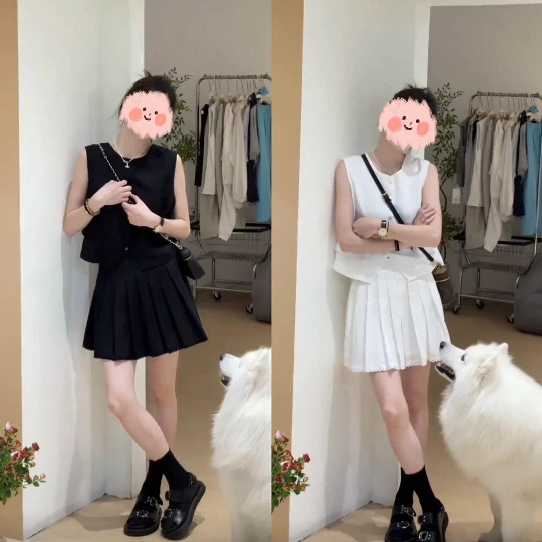 【现货】夏季穿搭一整套女韩系高级感显瘦无袖马甲花边百褶裙两件套