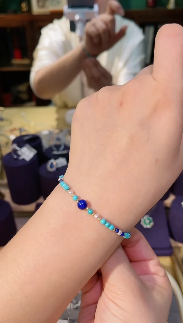 【闪购商品】青金石手链18K金镶嵌绿松石青金石珍珠手链