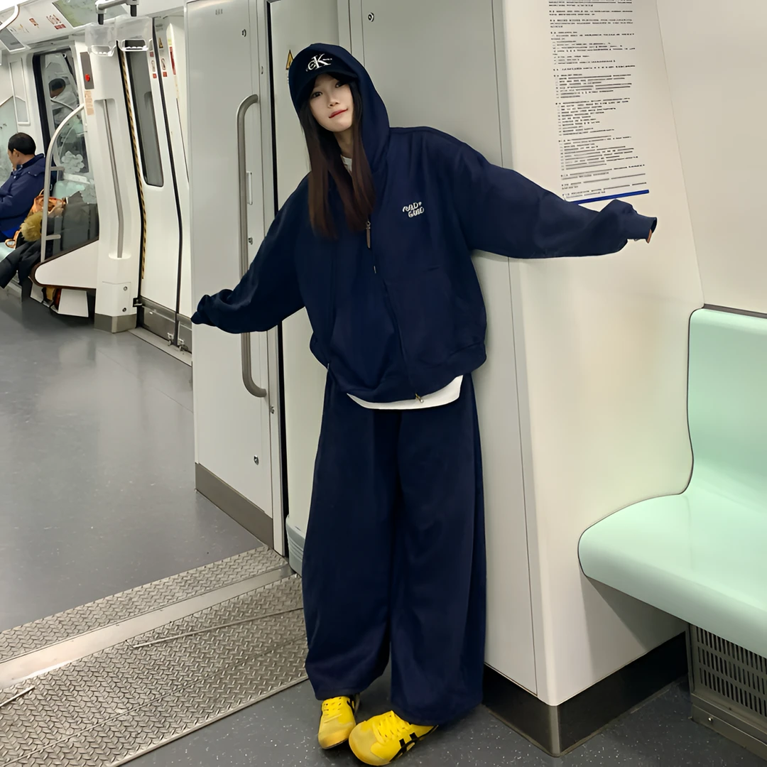 棉质休闲运动套装女春秋季学生美式炸街连帽卫衣卫裤两件套跑步服