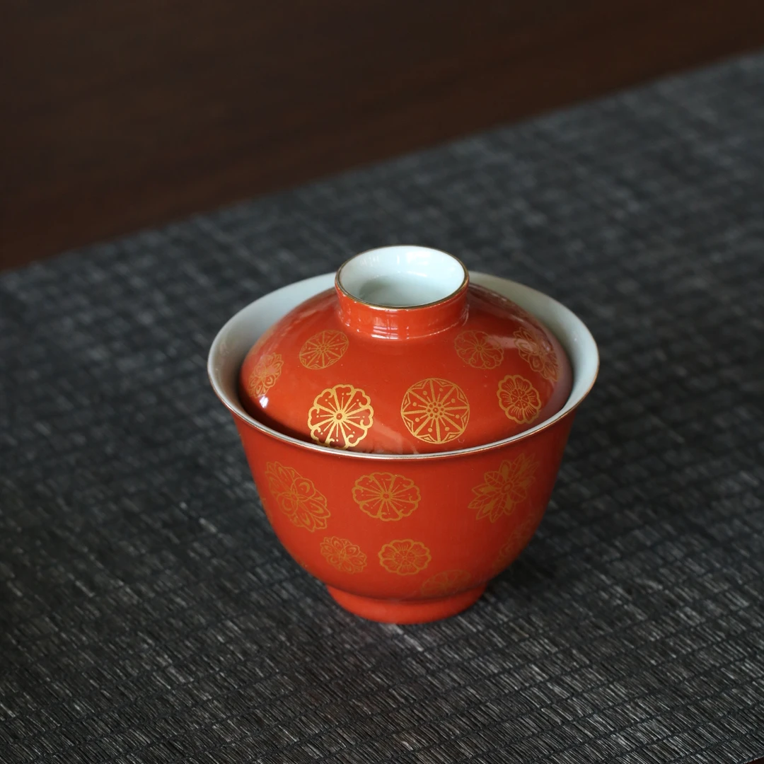 景德镇全手工陶瓷盖碗矾红皮球花泡茶高档红盖碗色釉描金茶盖碗