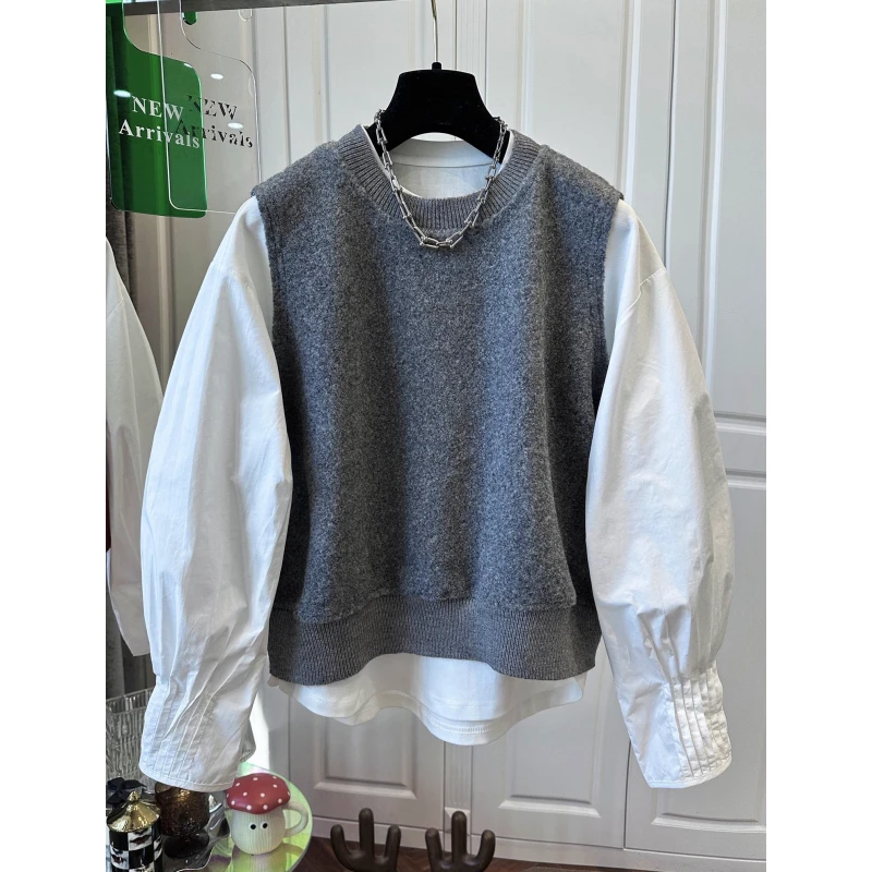 欧洲站背心马甲衬衫两件套上衣女2025春季泡泡袖宽松时尚套装新款