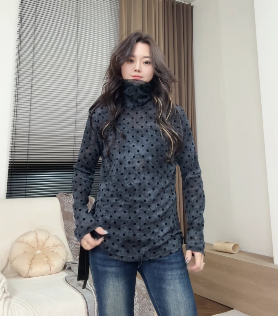 museguhui/木色古汇2448-11#圆点气质休闲百搭长袖常规打底衫