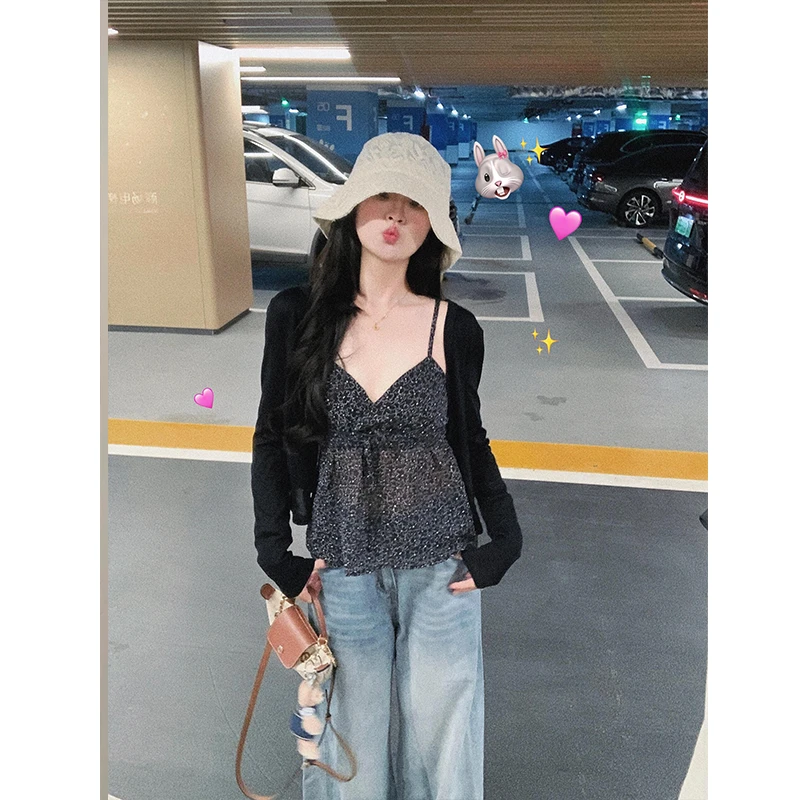 甜辣妹设计感一粒扣针织开衫女小众印花碎花无袖背心两件套装女