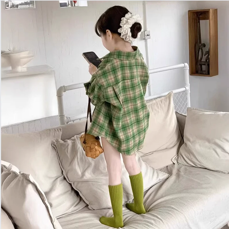 女童春装2025新外套小女孩女童衬衫春秋高级感格子衬衫百搭学院风