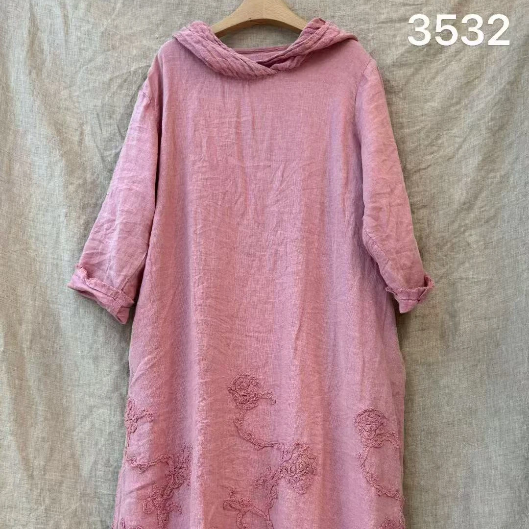 静一棉麻【水竹烟】小众高级纯色手工提花长袍