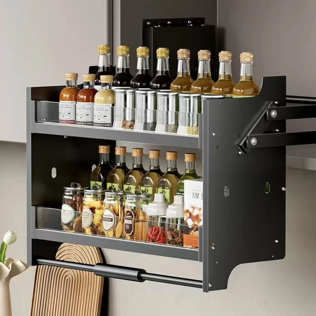 升降拉篮调味厨房橱柜下拉式吊柜太空铝安装抽屉式装修厨房拉篮