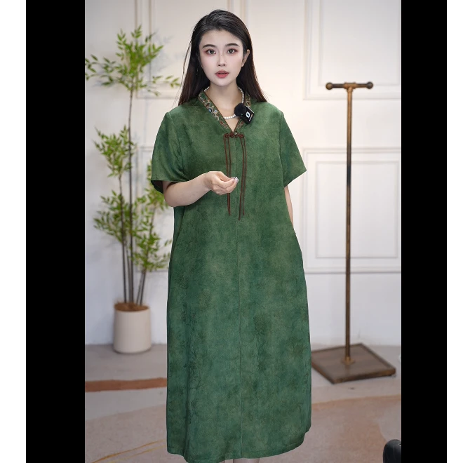 佐尔美夏季国风香云纱气质复古连衣裙中国风绿色中长款女M52LS10