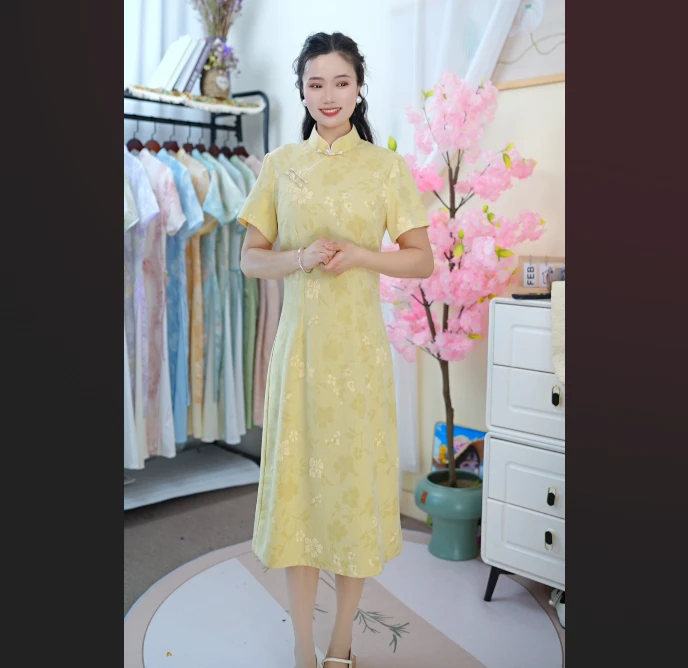 夏季-【浅笑嫣然】减龄气质中长款优雅改良遮肉显瘦旗袍裙