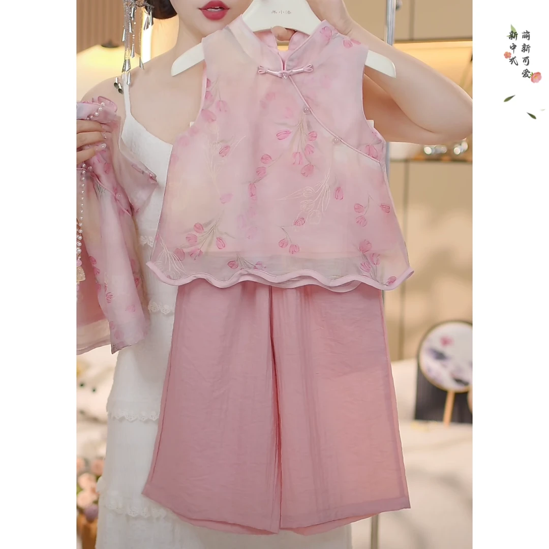 女童新中式背心九分裤套装夏季2025新款碎花无袖娃娃衫防蚊裤清凉