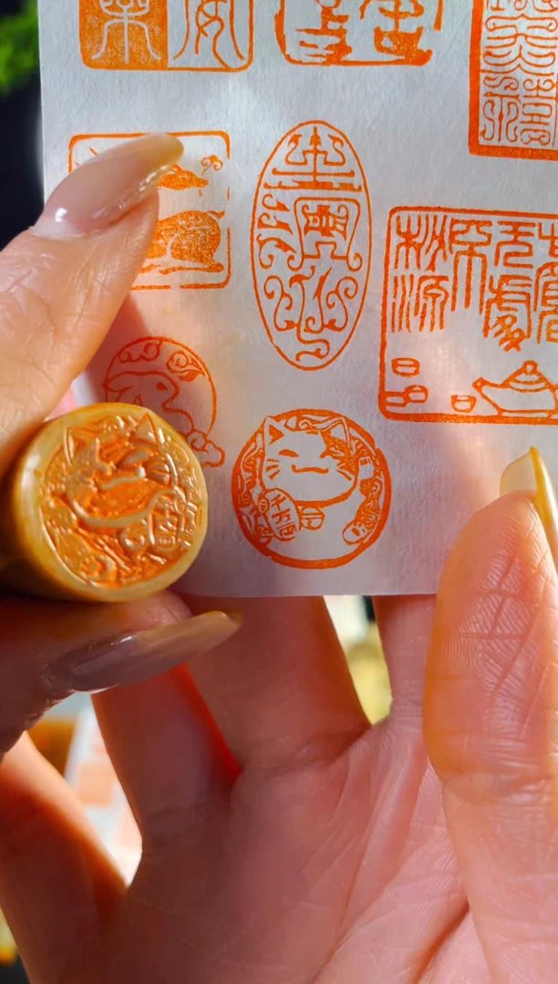 巴林石印石手工篆刻《招财猫》2.0巴林圆形