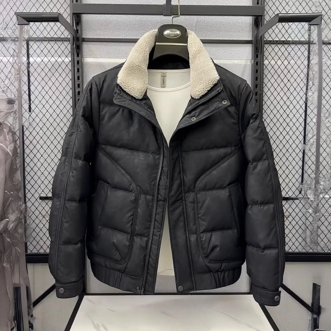 2025冬季新款皮羽绒服男士潮牌高级感可拆毛领防寒服加厚外套冬装