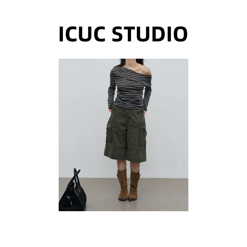 ICUC STUDIO-【水洗做旧多口袋工装短裤】夏季新款百搭宽松短裤8803