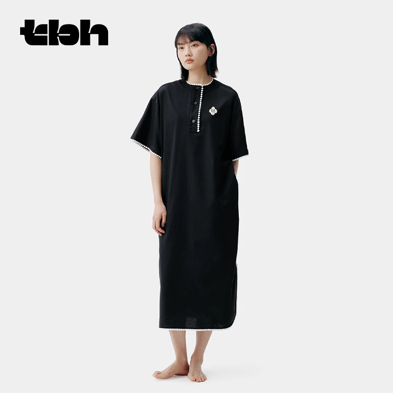 tbh野兽派家居熊猫嘭嘭天丝圆领家居衬衫裙可外穿宽松睡裙睡衣女
