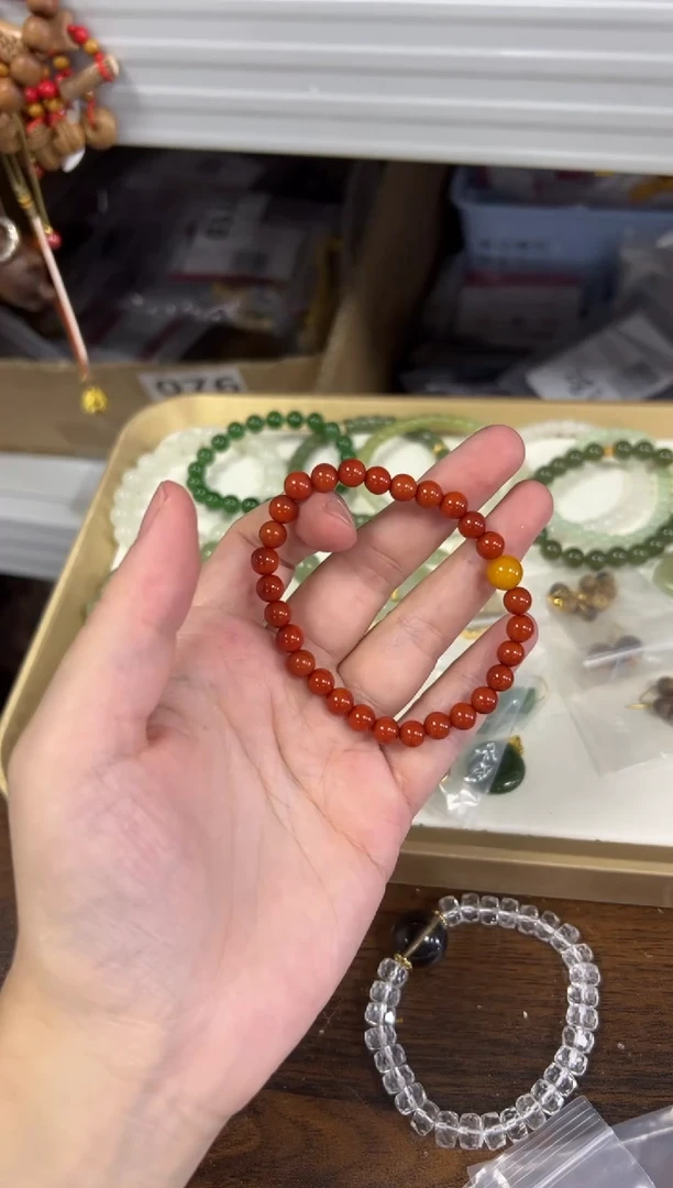 未镶嵌手链玛瑙/玉髓满肉柿子红玛瑙蜜蜡顶珠手链6MM[0674]