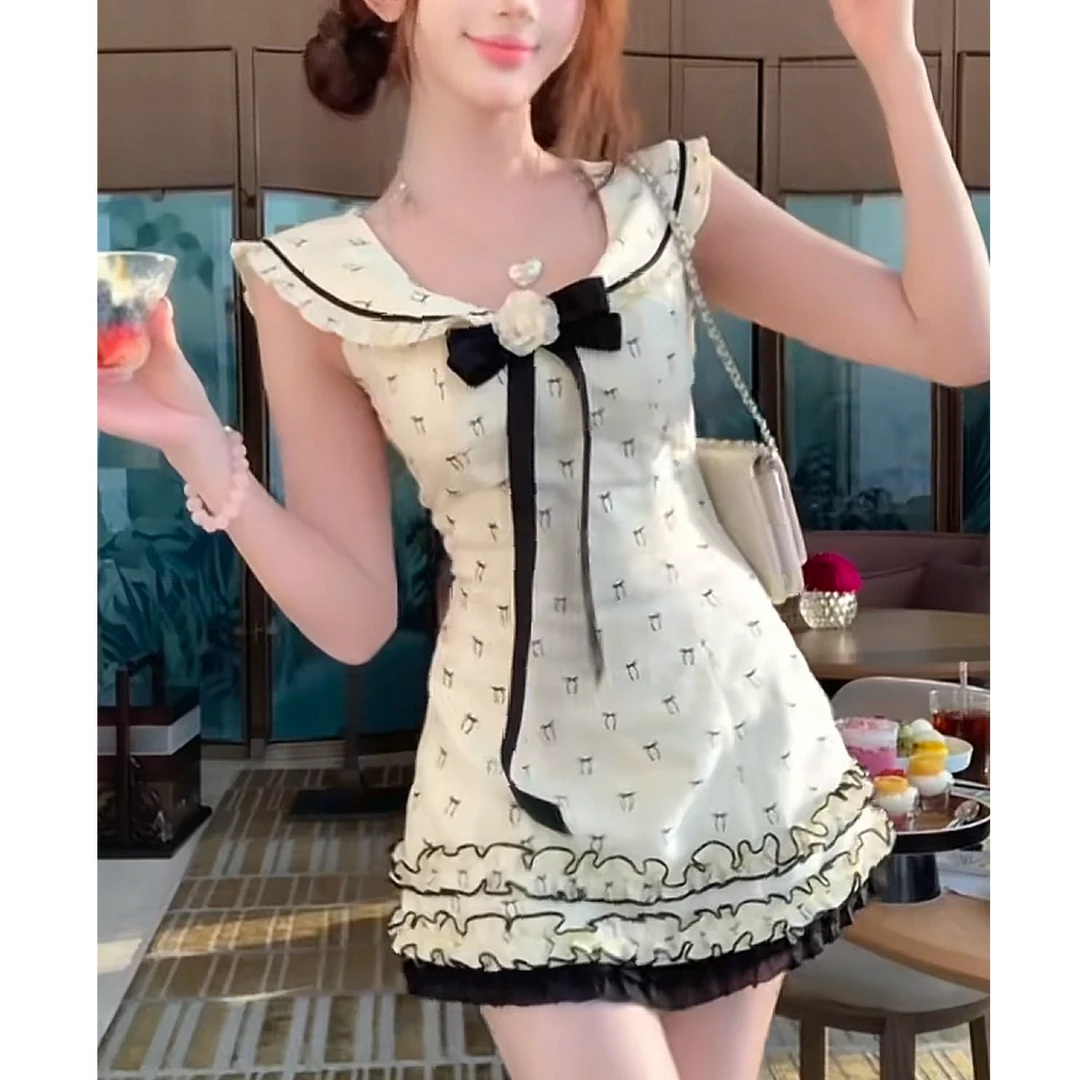 学院千金短裙夏季收腰显瘦设计感纯欲风甜美海军领无袖连衣裙女