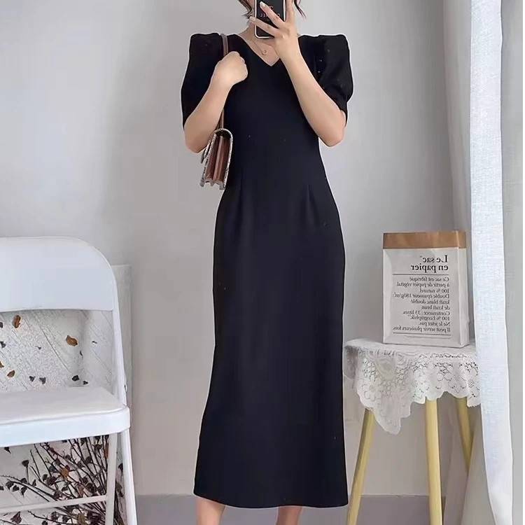 V领开叉包臀春夏收腰黑色巨黑色夏季连衣裙小黑裙显瘦知性风衣服