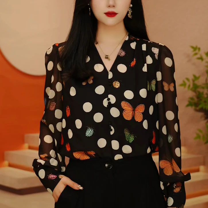 F240088-新款琉璃双皱丝洋气百搭显瘦休闲气质印花女士长袖上衣