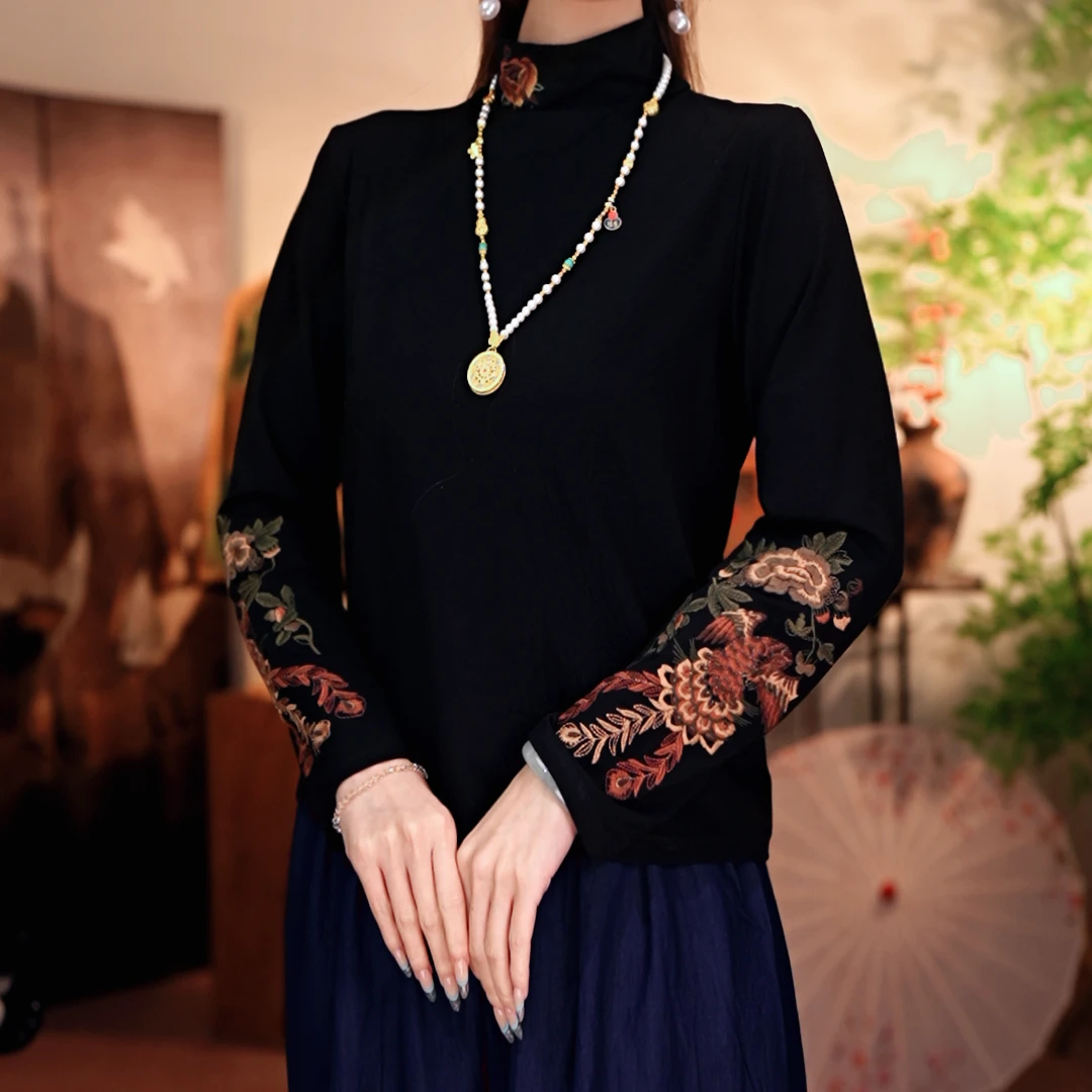 [墨韵]新中式高定刺绣雅韵加厚打底衫上衣AQ093007