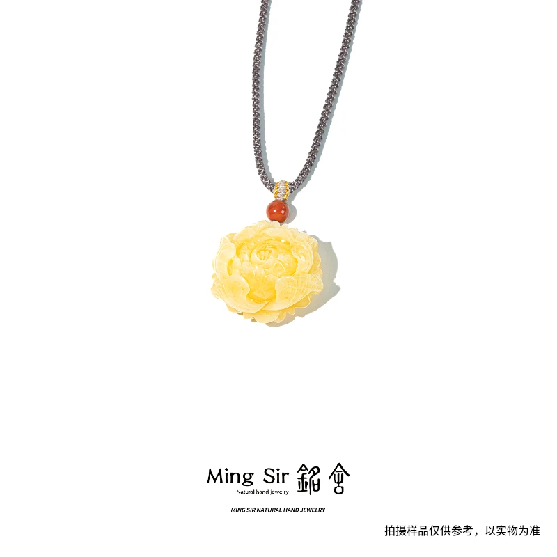 【铭舍 牡丹花满蜡微瑕】天然俄料蜜蜡手工雕刻吊坠