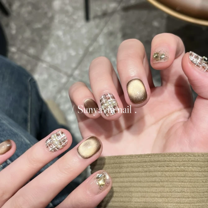 【复古小香】秋冬美甲复古猫眼拆卸气质穿戴甲手工棕色格子显白贴片